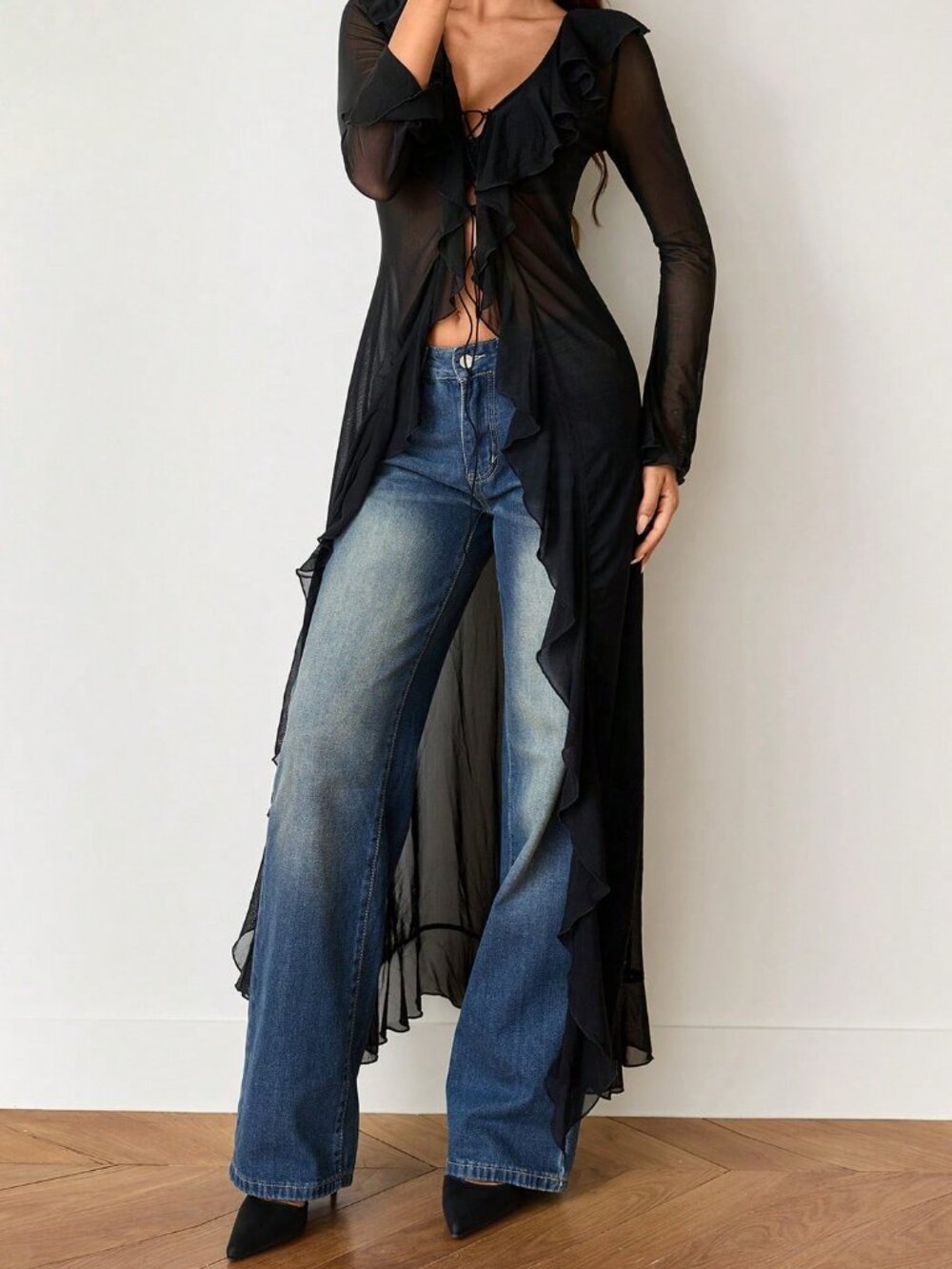 Black Casual Women's Y2k Elegant Ruffle Tie Long Sleeve Sheer Jacket - Picture 4 of 8